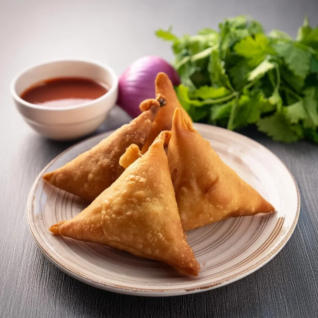 "Crispy golden samosas served with red chutney, fresh cilantro and red onion on a ceramic plate"