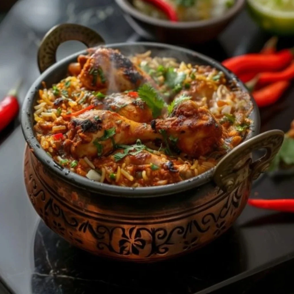 "Traditional Indian chicken biryani served in ornate copper handi with grilled chicken pieces, garnished with fresh cilantro and red chilies"