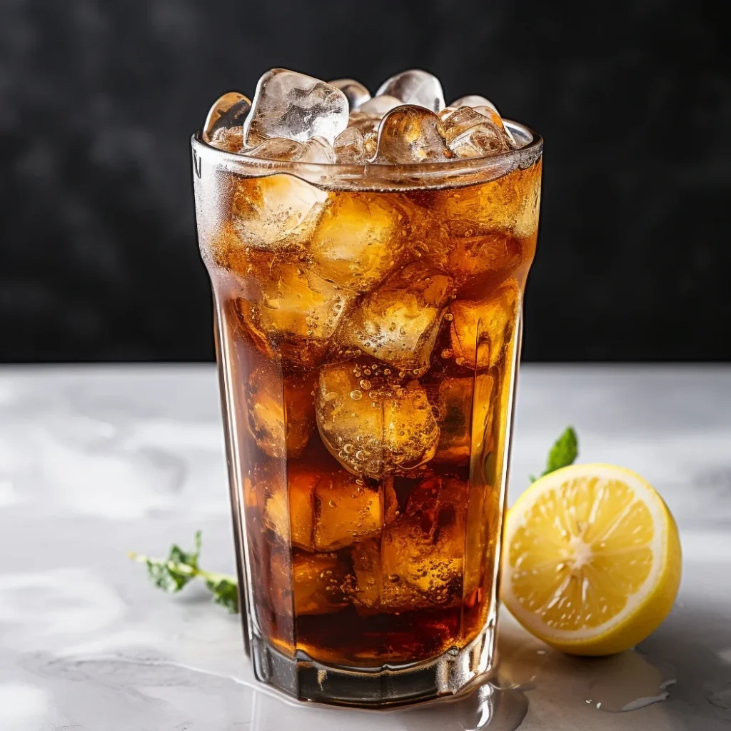 "Refreshing glass of iced cola with lemon slice and ice cubes on marble surface against dark background"