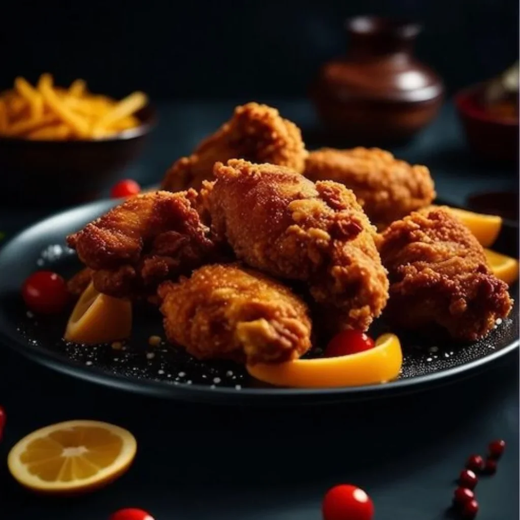 "Crispy golden fried chicken wings served with orange slices and cranberries on black plate"