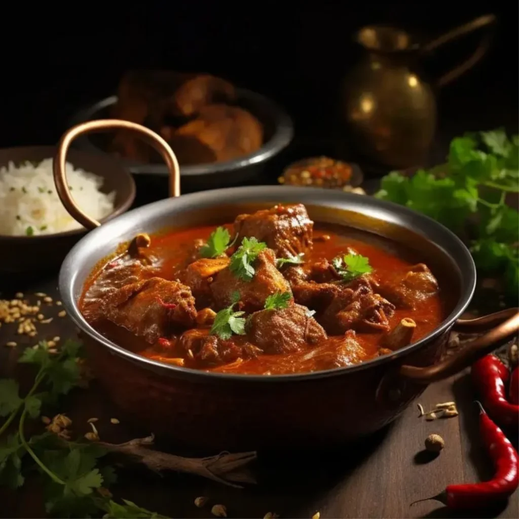 "Spicy Indian mutton curry with tender meat pieces in a traditional copper-handled kadai, served with steamed rice and garnished with fresh coriander leaves"