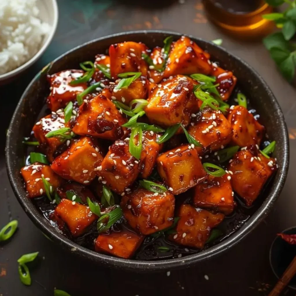 "Honey garlic glazed tofu cubes garnished with sesame seeds and green onions in a black bowl"