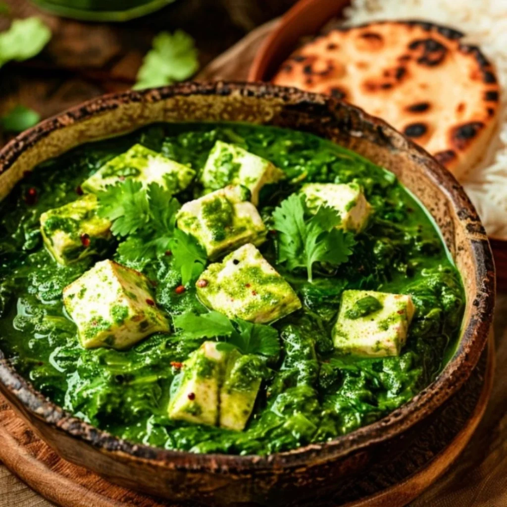 "Palak Paneer - Indian cottage cheese cubes in creamy spinach curry served with naan bread"