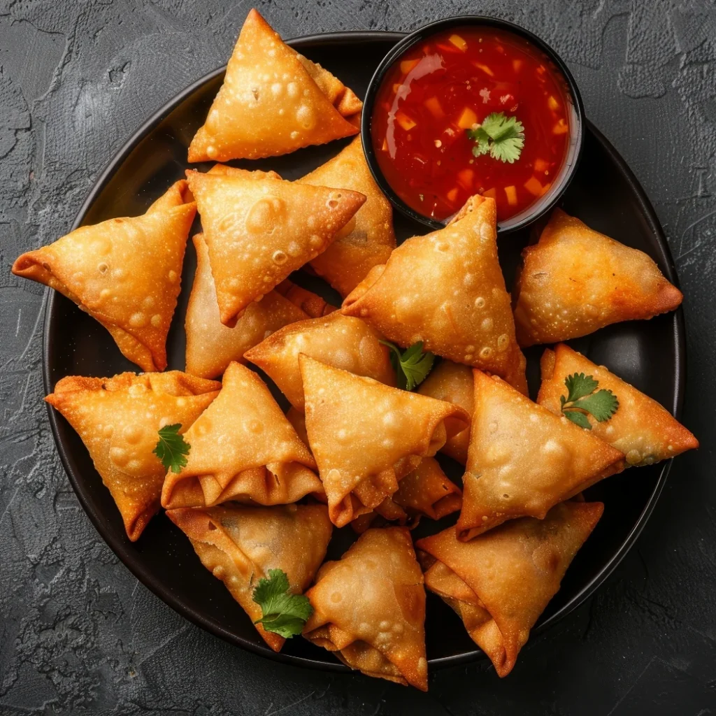 "Crispy vegetable samosas served with spicy red chutney and fresh cilantro garnish on a black plate against dark background"