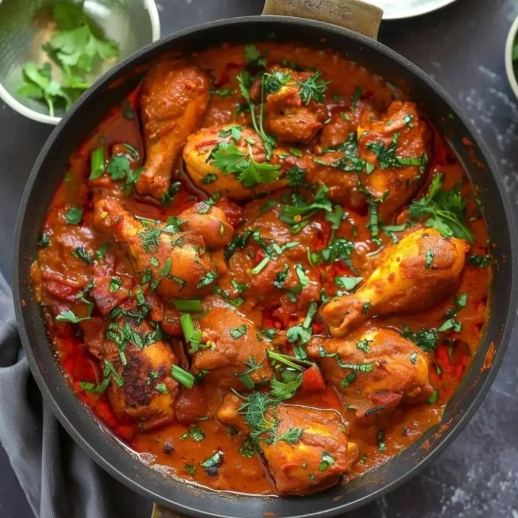 "Homemade Chicken Curry with Fresh Cilantro in Red Tomato Gravy Sauce"