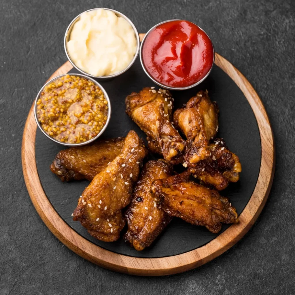 "Crispy glazed chicken wings topped with sesame seeds served with honey mustard, ketchup, and spicy mustard dipping sauces on a round wooden serving board"