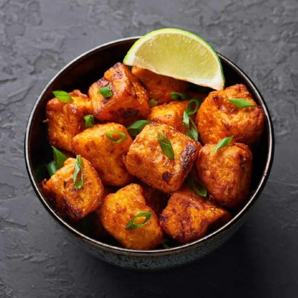 "Spicy tandoori chicken bites garnished with green onions and lime wedge in a black bowl"