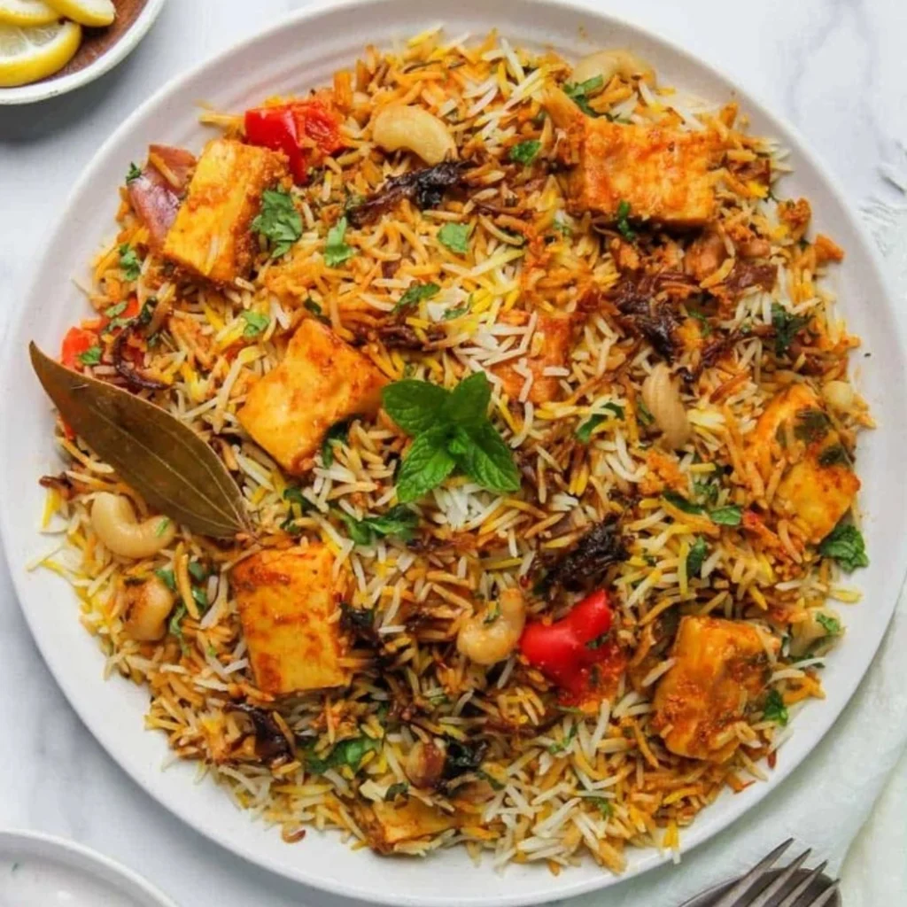 "Homemade Paneer Biryani with saffron-infused basmati rice, golden-fried paneer cubes, cashews, and fresh herbs served on a white plate"