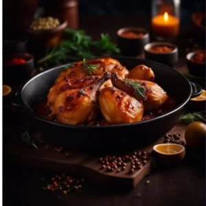 "Glazed honey citrus chicken thighs with fresh herbs in cast iron skillet"