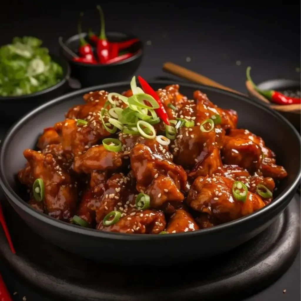 "Korean-style sticky sesame chicken with green onions and red chili in black bowl"