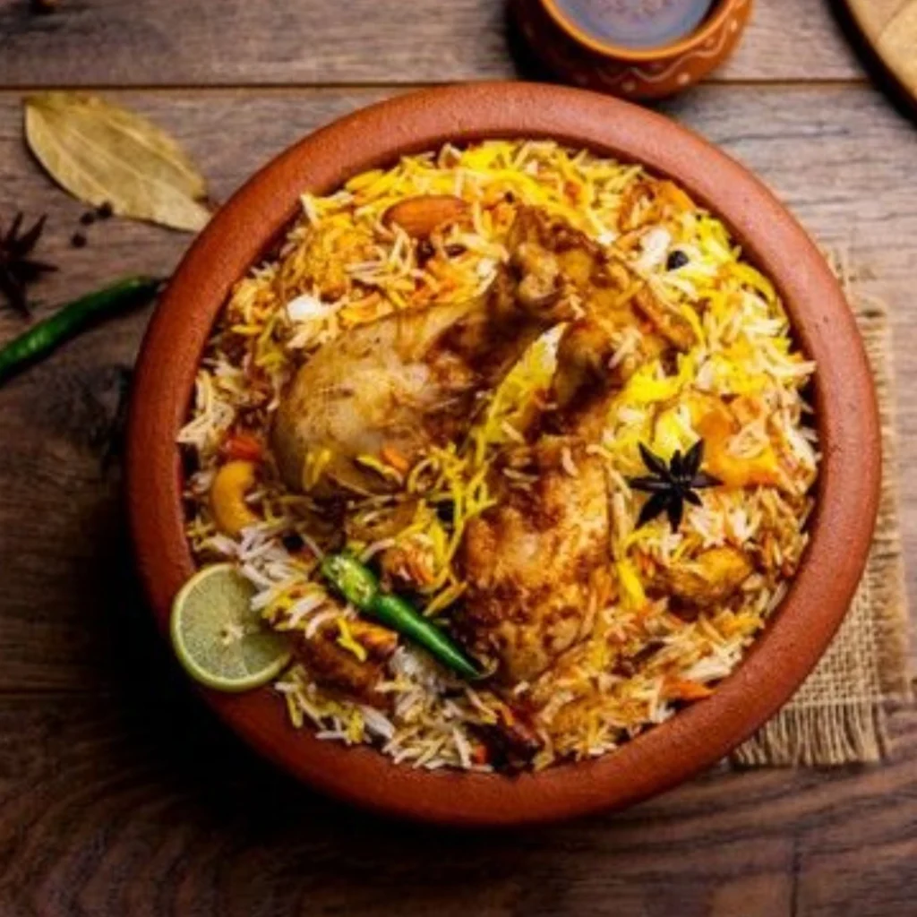 "Hyderabadi chicken biryani served in traditional clay pot with aromatic saffron rice, green chili, lime wedge and star anise"