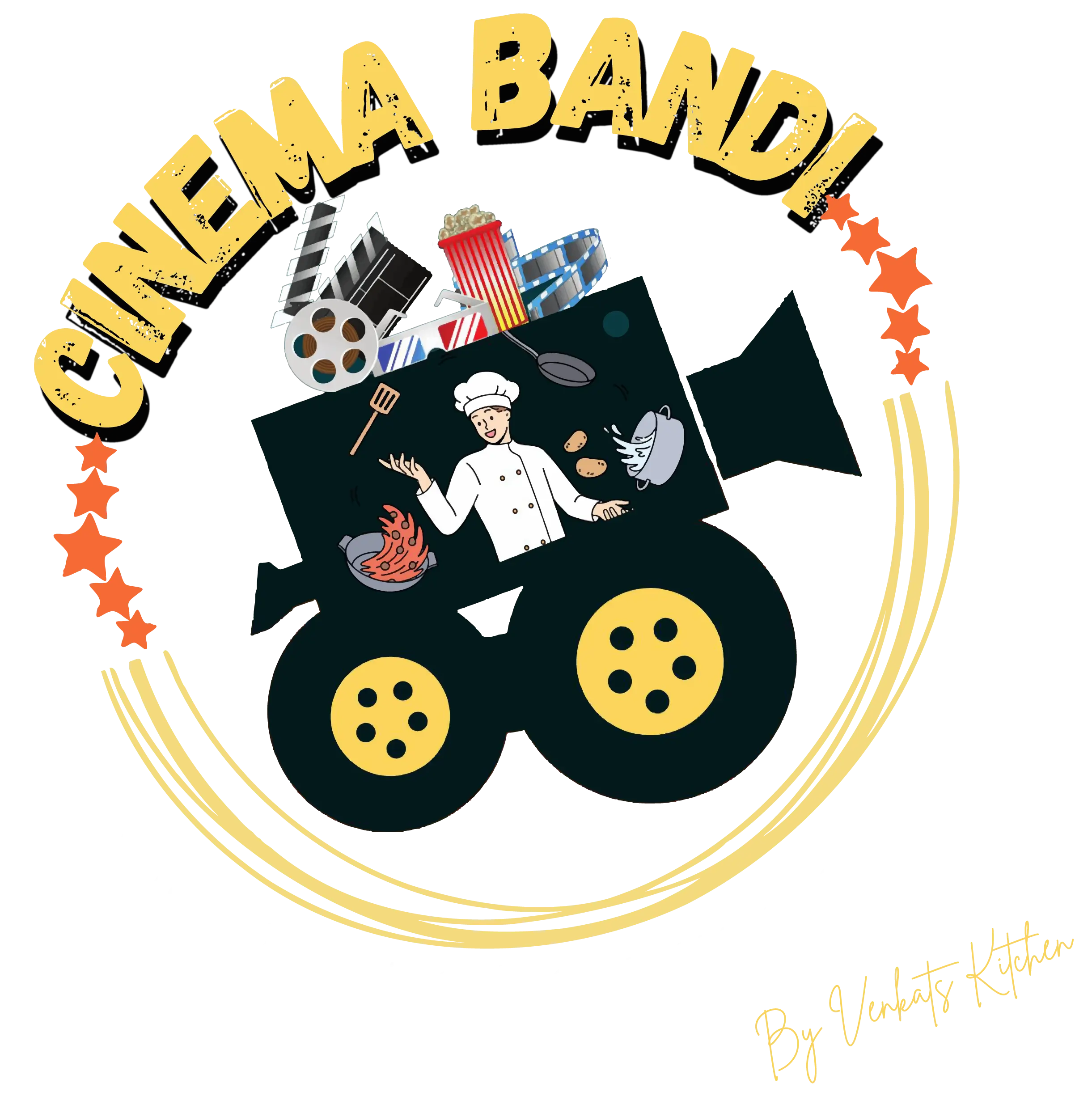 "Cinema Bandi logo featuring a film camera design with cooking elements and movie reels"