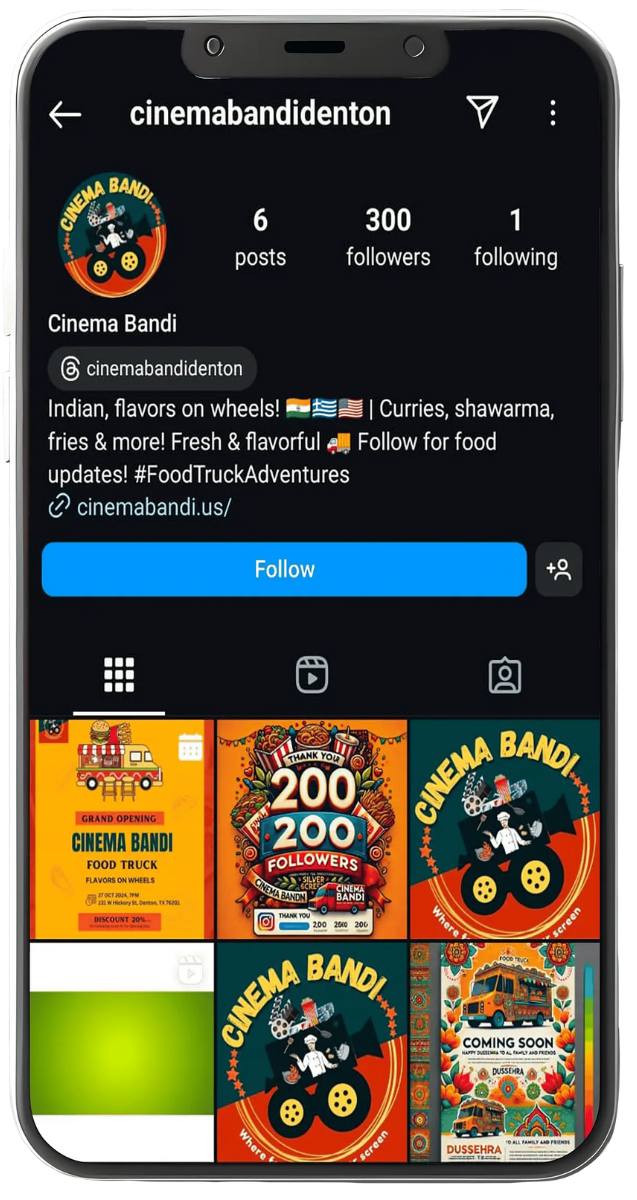 "Cinema Bandi Food Truck Instagram profile featuring Indian fusion cuisine and street food in Denton"