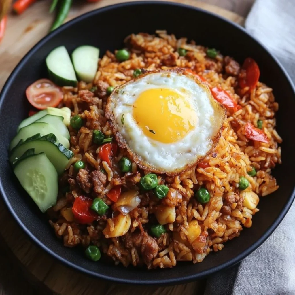 "Spicy Nasi Goreng Indonesian fried rice topped with sunny side up egg, served with fresh cucumber and cherry tomatoes"