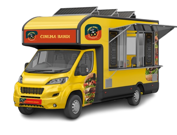 Mobile food truck Cinema Bandi yellow-colored solar-powered restaurant van with retractable service window and rooftop solar panels