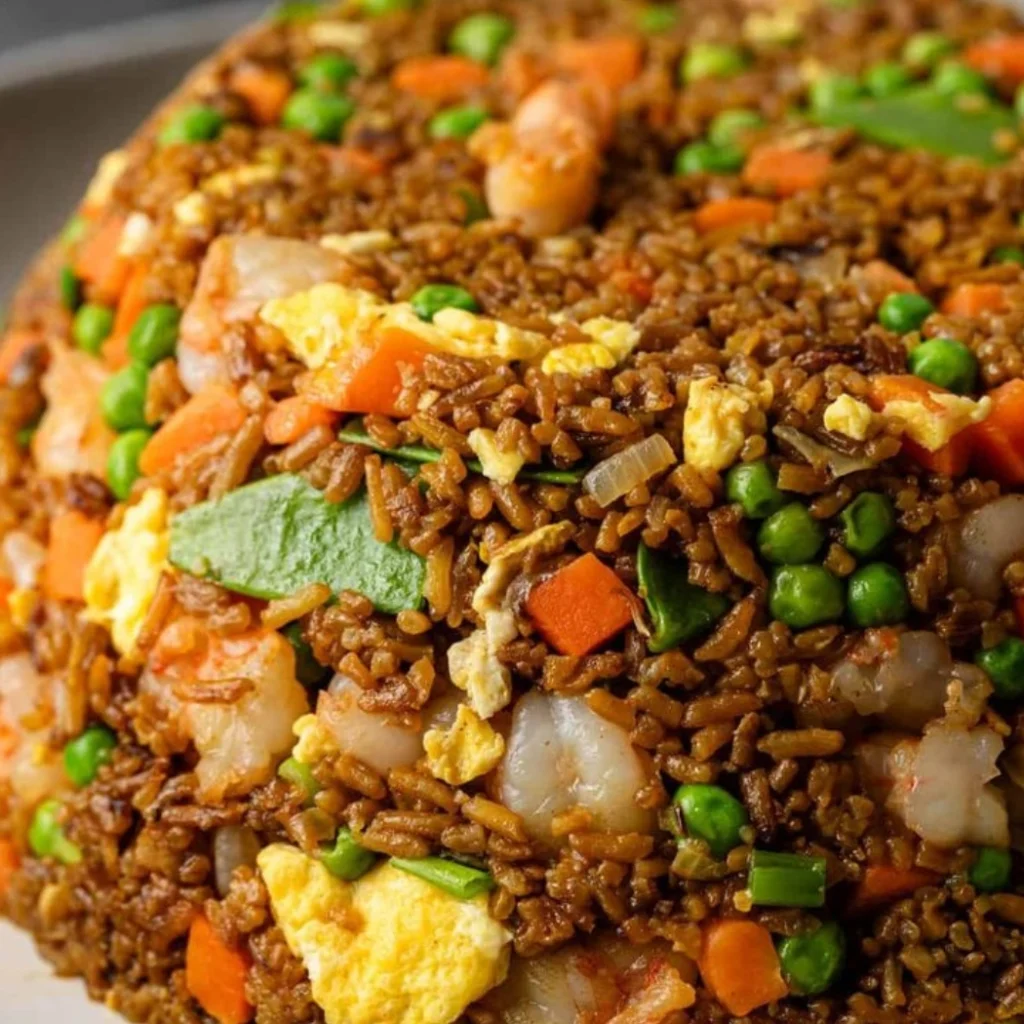 "Shrimp fried rice with colorful vegetables, scrambled eggs, and green peas in a savory brown sauce"