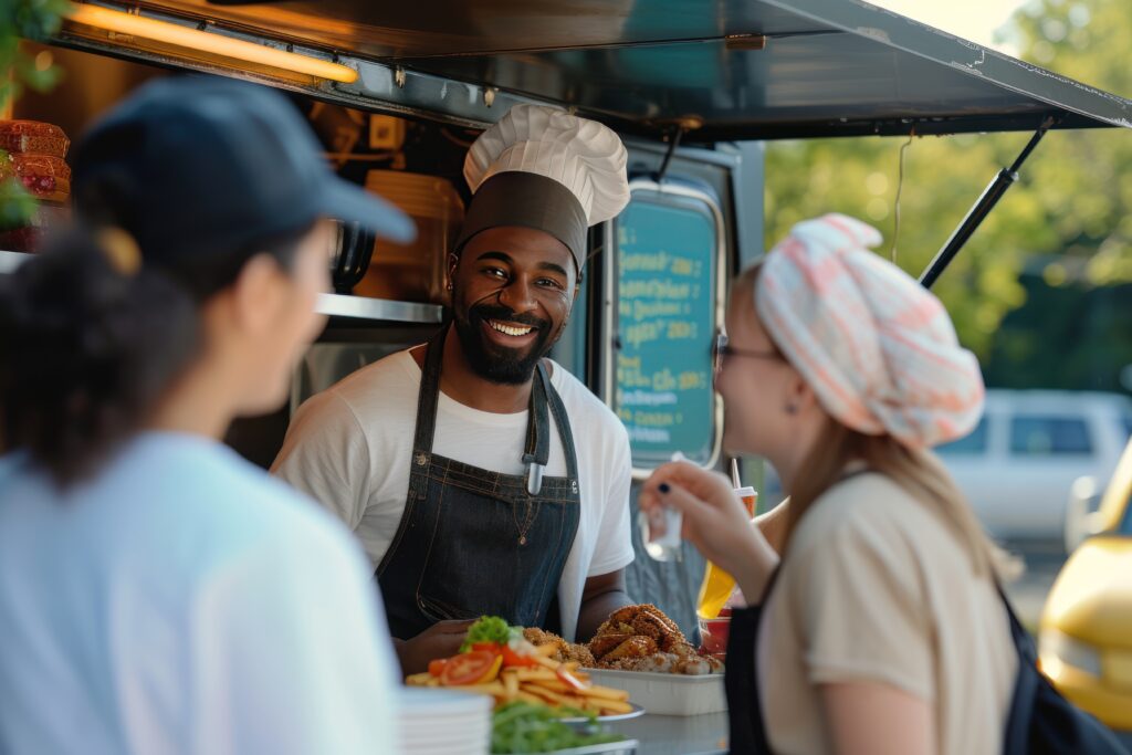 "Friendly food truck chef in chef's hat and denim apron serving customers diverse street food with fresh ingredients"