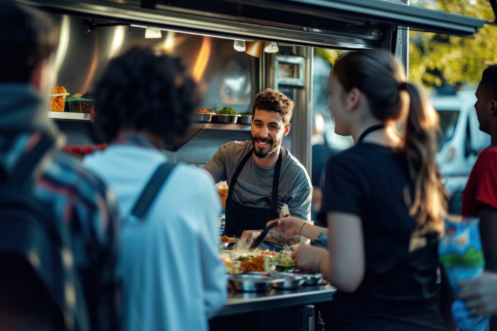 "Friendly food truck chef serving customers at outdoor mobile kitchen counter"