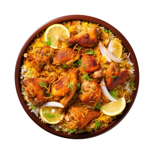 "Chicken biryani with tender tandoori chicken pieces, aromatic basmati rice, garnished with lemon wedges, onion rings and fresh cilantro served in traditional clay bowl"