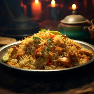 "Aromatic chicken biryani garnished with fresh herbs and red chilies served in a traditional metal plate with candlelit ambiance"