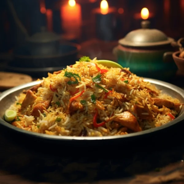 "Aromatic chicken biryani garnished with fresh herbs and red chilies served in a traditional metal plate with candlelit ambiance"