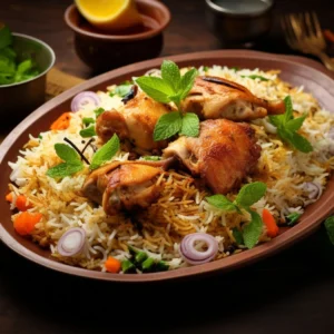 "Chicken biryani garnished with mint leaves, served with aromatic basmati rice, red onions, and carrots in a traditional clay bowl"
