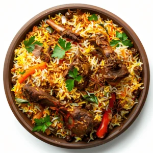 "Authentic Indian mutton biryani with tender lamb, saffron rice, fresh herbs, and whole spices served in a traditional clay pot"