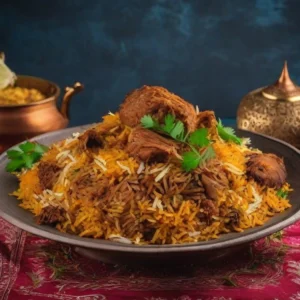 "Traditional Hyderabadi chicken biryani served in a dark plate with tender meat pieces, aromatic saffron rice, and fresh coriander garnish"