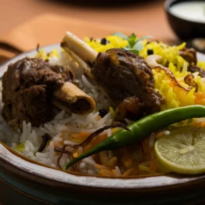 "Traditional Nalli Nihari curry with tender lamb shanks served over aromatic basmati rice, garnished with green chilies, lime wedge and yellow saffron rice"