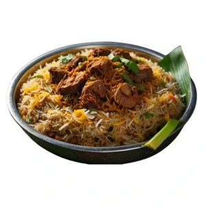 "Authentic Indian mutton biryani with tender meat pieces, aromatic basmati rice, garnished with fresh coriander and served in a traditional metal bowl with banana leaf"