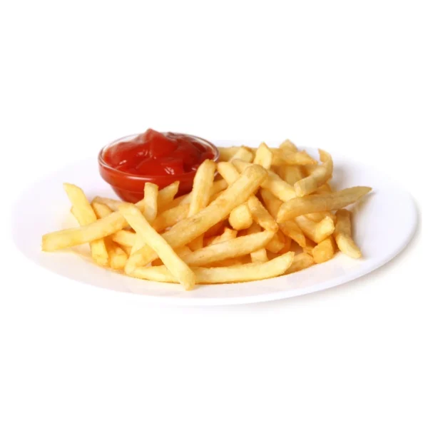 Golden crispy french fries served on white plate with red ketchup dipping sauce