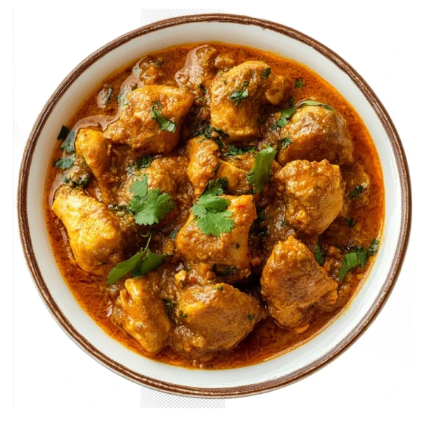 "Authentic Indian chicken curry with rich orange-colored gravy garnished with fresh cilantro in a white bowl with brown rim"
