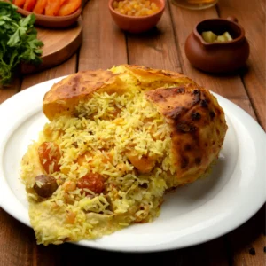 "Traditional Persian Shah Pilaf with saffron rice, dried fruits, and golden-brown dome crust served with fresh herbs and carrots"
